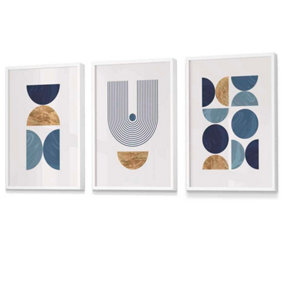 Mid Century Geometric Wall Art Prints in Blue and Gold / 42x59cm (A2) / White Frame