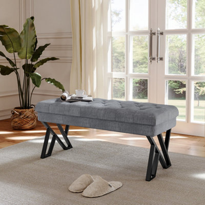 Mid Century Grey Linen Bed End Bench Footstool with Metal