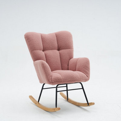 Mid Century Modern Pink Teddy Fabric Rocking Chair - Tufted Upholstered ...