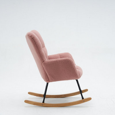 Mid Century Modern Pink Teddy Fabric Rocking Chair - Tufted Upholstered ...