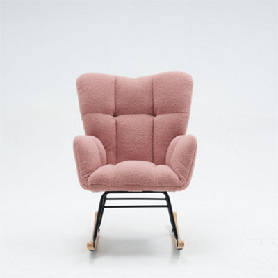 Mid Century Modern Teddy Fabric Tufted Upholstered Rocking Chair Padded Seat For Living Room Bedroom,Pink