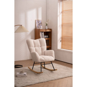 Mid Century Modern Teddy Fabric Tufted Upholstered Rocking Chair Padded Seat (Ivory White)