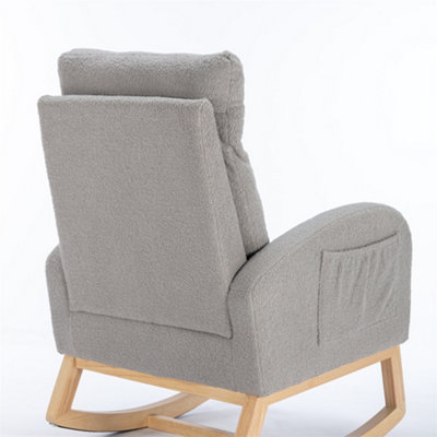 Mid Century Modern Teddy Fabric Upholstered Rocking Chair Padded Seat For Living Room Bedroom, Light Grey