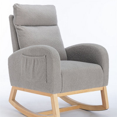 Mid Century Modern Teddy Fabric Upholstered Rocking Chair Padded Seat For Living Room Bedroom, Light Grey