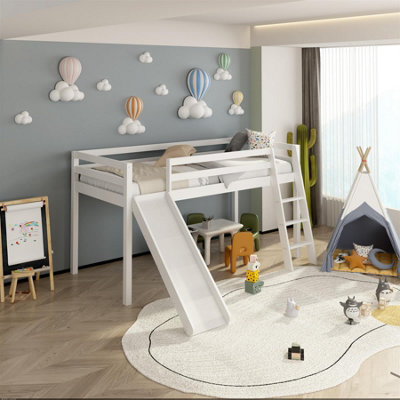Mid Sleeper Bed with Slide White 3ft Single Bed Space-Saving Durable ...