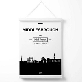 Middlesbrough Black and White City Skyline Poster with Hanger / 33cm / White
