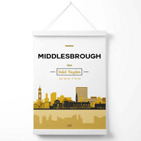 Middlesbrough Yellow and Black City Skyline Poster with Hanger / 33cm / White