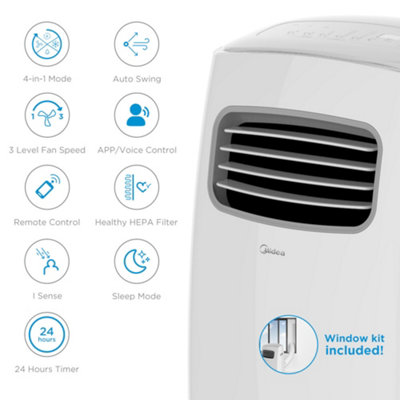 Midea Smart 9000BTU Portable Air Conditioner - 24h Timer, Low Energy, Window exhaust kit
