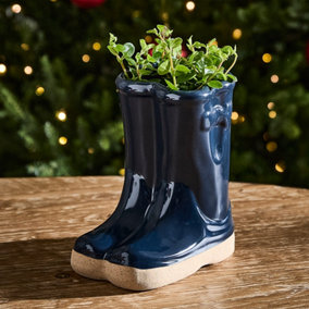 Midnight Blue Wellington Outdoor Boot Summer Ceramic Flower Pot Garden Planter Pot Gift for Gardeners