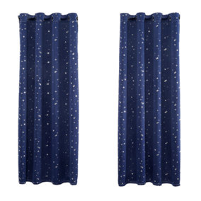 Midnight Navy Star Pattern Eyelet Blackout Curtain - 52 x 63 Inch Drop - 2 Panel