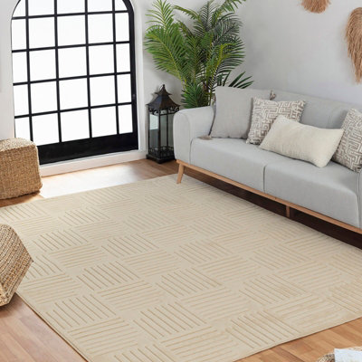 MIDORI In- & Outdoor 3D High & Low Pile Textured Beige Area Rug 140 x ...