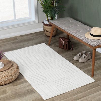 MIDORI In- & Outdoor 3D High & Low Pile Textured White Area Rug 80 x 150 cm
