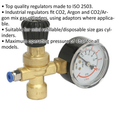 MIG Gas Regulator for Disposable Cylinders - 4bar Max. Pressure - Pressure Gauge