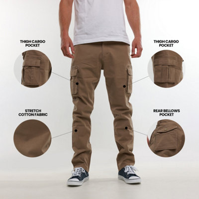 MIG Mens Khaki Stretch Cargo Chino Trousers (W38, L31)