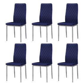 MiHOMEUK Allie Set of 6 Blue Plush Velvet Dining Chairs with Steel Legs