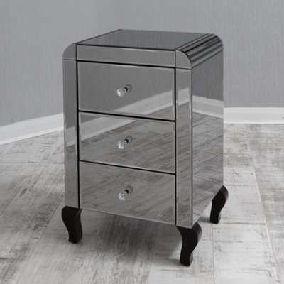 MiHOMEUK Blake Smoke Mirrored 3 Drawer Bedside with Wood Legs