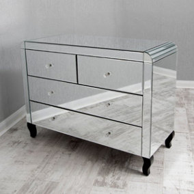 MiHOMEUK Cadby Silver Mirrored 2 + 2 Chest of Drawers with Crystal Handles & Wood Legs