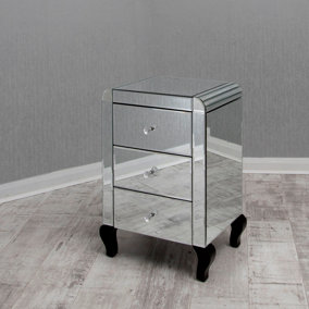 MiHOMEUK Cadby Silver Mirrored Bedside Table with 3 Drawers & Wood Legs