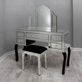 MiHOMEUK Cadby Silver Mirrored Dressing Table with 5 Drawers & Wood Legs