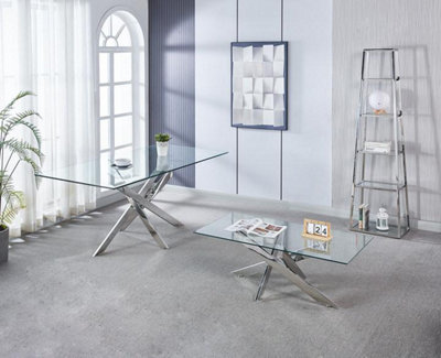 MiHOMEUK Cannes Glass Coffee Table with Stainless Steel Interlocking Legs