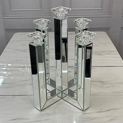 MiHOMEUK Cross Silver Mirrored Candle Holder with Crystal Cups