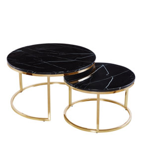 MiHOMEUK Lara Black Marble Round Nest of Coffee Tables with Chrome Gold Legs