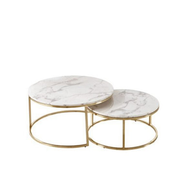 MiHOMEUK Lara Black Marble Round Nest of Coffee Tables with Chrome Gold Legs