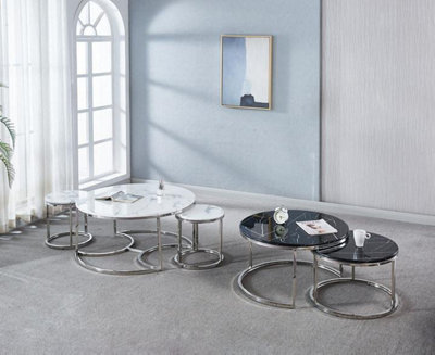 MiHOMEUK Lara Black Marble Round Nest of Coffee Tables with Chrome Silver Legs