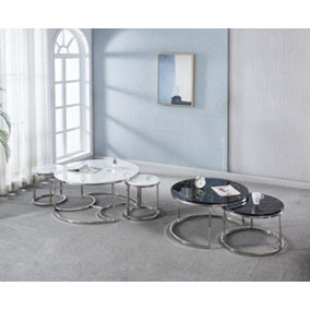 MiHOMEUK Lara Black Marble Round Nest of Coffee Tables with Chrome Silver Legs