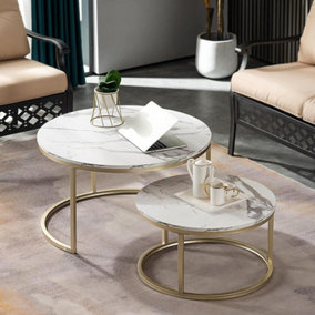 MiHOMEUK Lara White Marble Round Nest of Coffee Tables with Chrome Gold Legs