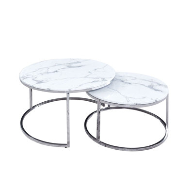 MiHOMEUK Lara White Marble Round Nest of Coffee Tables with Chrome Silver Legs