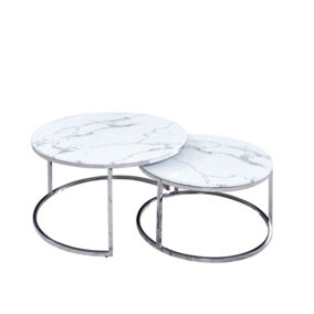 MiHOMEUK Lara White Marble Round Nest of Coffee Tables with Chrome Silver Legs
