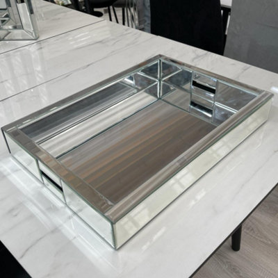 MiHOMEUK Large Rectangular Silver Mirrored Tea Tray with Handles - Stand NOT Included