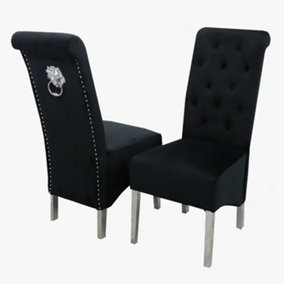 MiHOMEUK Megan Set of 4 Black Plush Velvet Dining Chairs with Chrome Lion Knocker