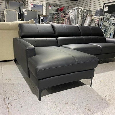 MiHOMEUK Milan Genuine Leather Black Left Hand Corner Sofa with Foldable Neck Support
