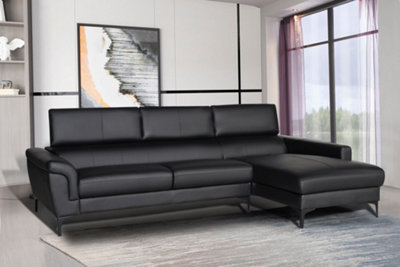 MiHOMEUK Milan Genuine Leather Black Right Hand Corner Sofa with Foldable Neck Support