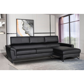 MiHOMEUK Milan Genuine Leather Black Right Hand Corner Sofa with Foldable Neck Support