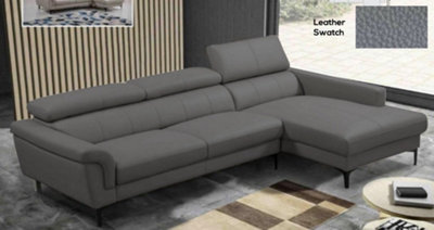 MiHOMEUK Milan Genuine Leather Grey Right Hand Corner Sofa with Foldable Neck Support
