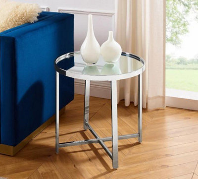 MiHOMEUK Nora Mirrored Top Round Side Table with Silver Chrome Legs ...