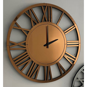 MiHOMEUK Roman Numeral Rose Gold Mirrored Wall Clock with Attached Wall Mount