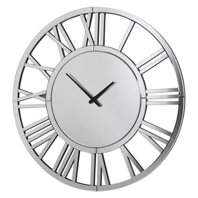 MiHOMEUK Roman Numeral Silver Mirrored Wall Clock with Attached Wall Mount