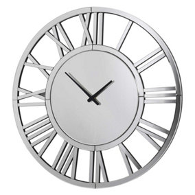 MiHOMEUK Roman Numeral Silver Mirrored Wall Clock with Attached Wall Mount