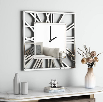 MiHOMEUK Square Roman Numeral Silver Mirrored Wall Clock with Attached Wall Mount