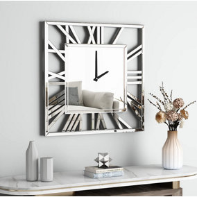 MiHOMEUK Square Roman Numeral Silver Mirrored Wall Clock with Attached Wall Mount