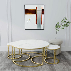 MiHOMEUK White Marble Round Nest of 3 Tables with Chrome Gold Legs