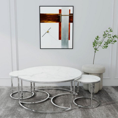 MiHOMEUK White Marble Round Nest of 3 Tables with Chrome Silver Legs