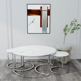 MiHOMEUK White Marble Round Nest of 3 Tables with Chrome Silver Legs