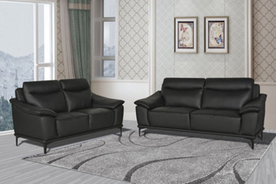 Black genuine leather deals sofa