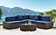 Mijas Corner L-Shape Brown Rattan Sofa Garden Set Quarter Circle Glass Topped Coffee Table Navy Blue Cushions