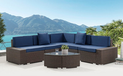 Mijas Corner L Shape Brown Rattan Sofa Garden Set Quarter Circle Glass Topped Coffee Table Navy Blue Cushions DIY at B Q